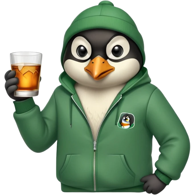 head and shoulders portrait of a friendly anthropomorphised penguin wearing a green mafia-style tracksuit, angry intense brooding expression, holding a glass of whiskey emoji
