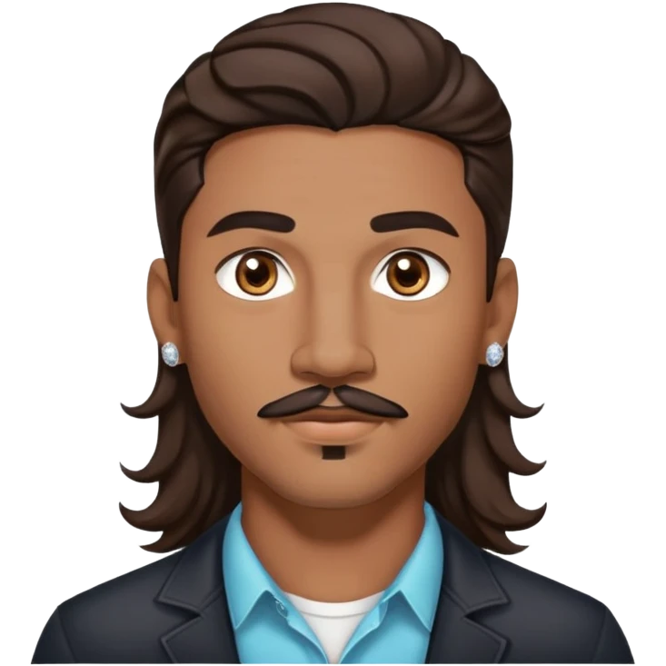 Young man with medium brown skin, mixed-race ethnicity, long wavy dark brown hair with a center part, mustache separated from goatee (no connection between them), medium brown eyes, diamond stud earrings in both ears, head only emoji
