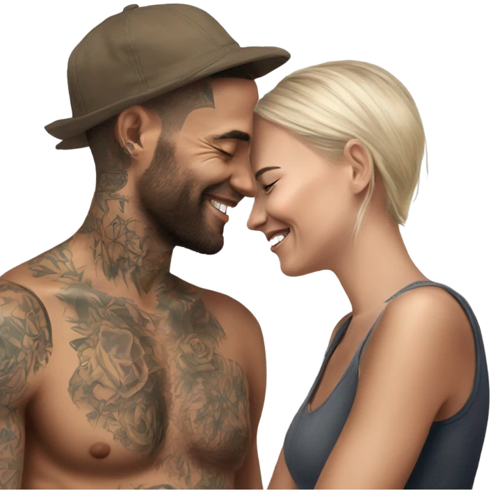 Intimate conversation between realistic lightly tattooed model couple happy emoji