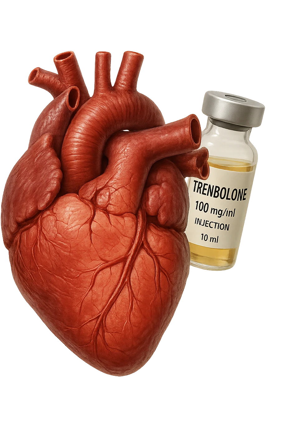 cuore umano anatomico con FIala MEDICa DI Trenbolone che gli FLUTTUA dietro, iperrealistico 4k, isolato su sfondo bianco, iperrealistico 4k, isolato su sfondo bianco emoji