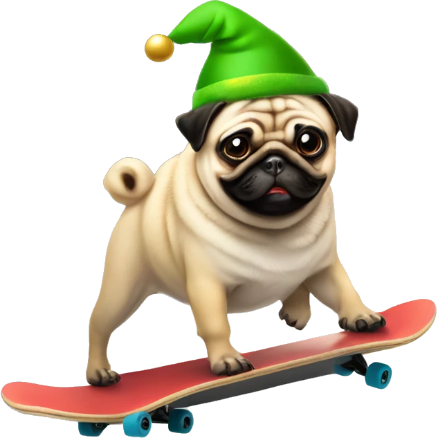 Pug on a skateboard wearing an elf hat while dancing  emoji