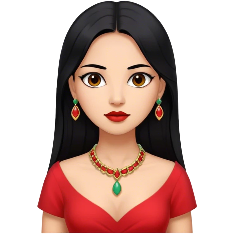 Bella Goth, latin woman long straight hair black, red dress, jade collar, beautiful emoji