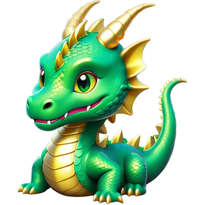 Cinematic Cute Dragon Portrait Emoji, Head tilted playfully and inquisitively, featuring a sleek, serpentine form adorned with iridescent scales that shift between emerald and gold, a delicate set of subtle horns, and round, sparkling eyes full of curious magic; rendered with realistic detail and warm natural light, high shine, affectionate and enchanting, styled with a touch of whimsical fantasy, soft glowing outline, capturing the essence of a mischievous yet lovable dragon that seems poised to slither playfully into your arms! emoji