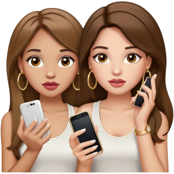 Light skinned girl, long straight and less wavy brown hair center-part with face framing pieces, big hazel eyes, gold hoops, white tank, prominent blush, sassy, big lips, makeup and lip gloss, holding two phone: one talking in one hand and another in another hand emoji