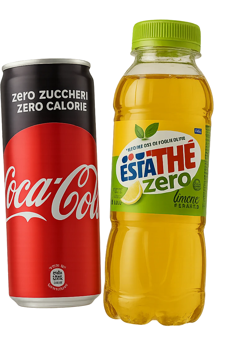 lattina di coca cola zero fluttua accanto a bottiglia di esta-thè zero, iperrealistiche 4k emoji