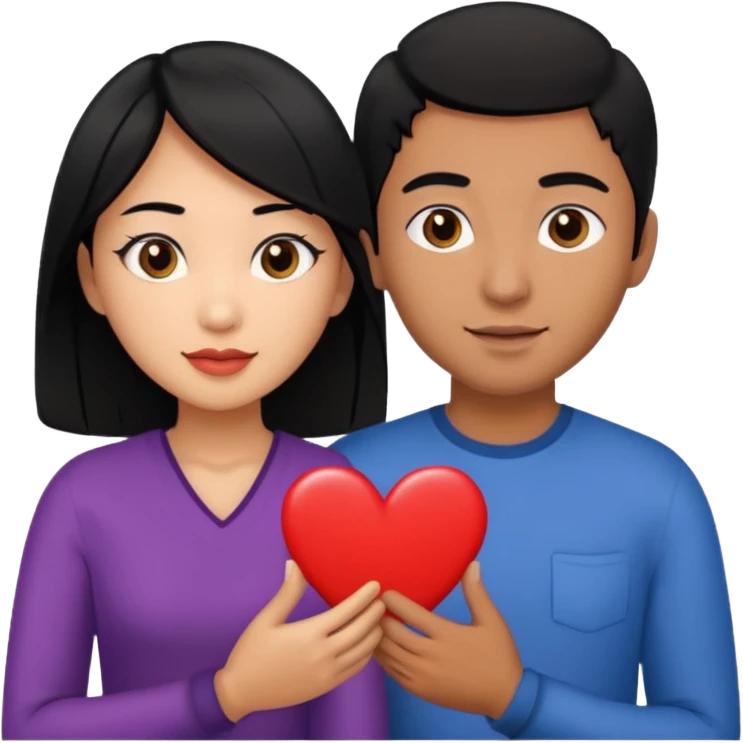Asian Woman with black hair black eyes, brown man with black hair black eyes, and love heart emoji