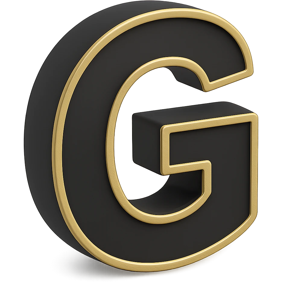 Create the letter G in the 3D Black style, matching the bold, clear, gold-edged look of the reference letter A. emoji