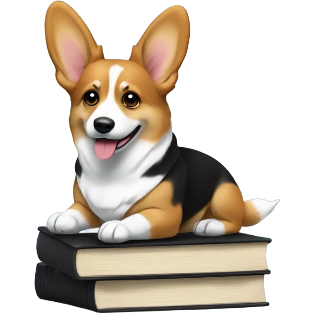 a fit tri color corgi mainly black on a stack of books  emoji