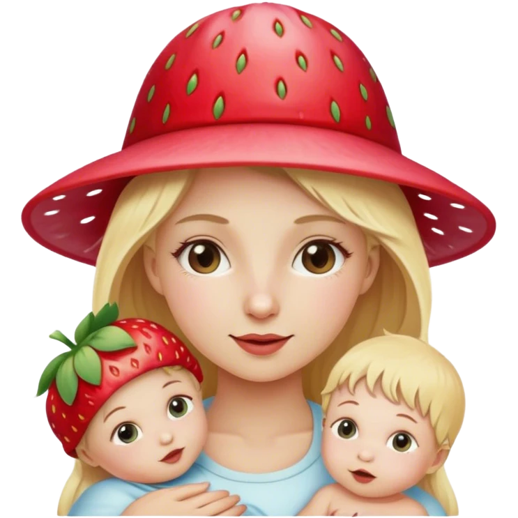 Blond girl with baby wearing strawberry hat emoji