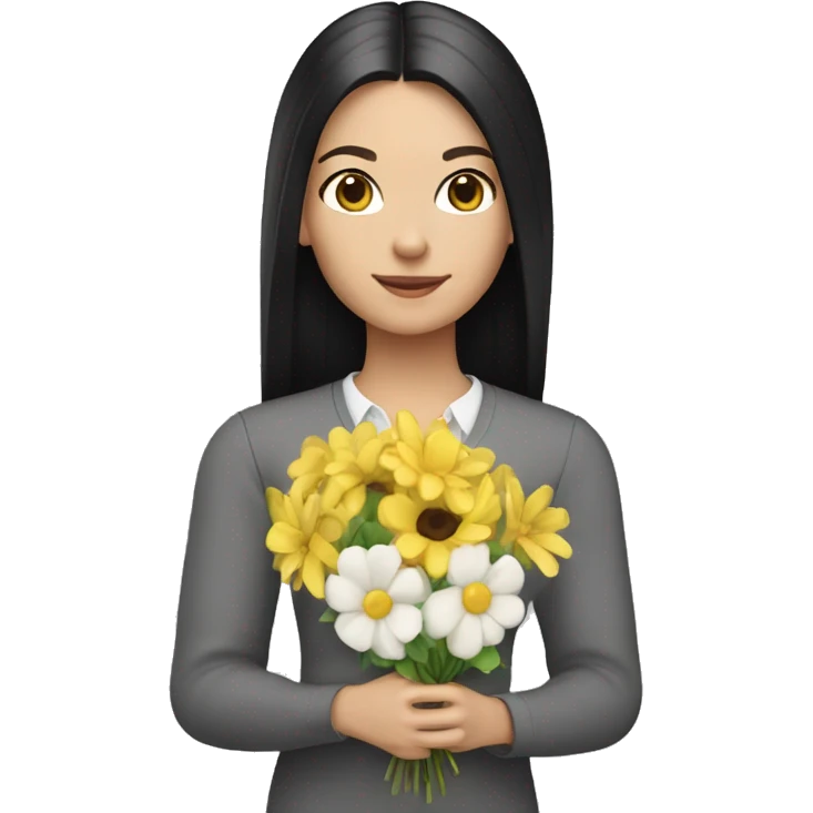 white girl, with black long straight hair wearing a pastel yellow jumpsuit with white shirt in it and carrying a flower arrangement in her hands emoji