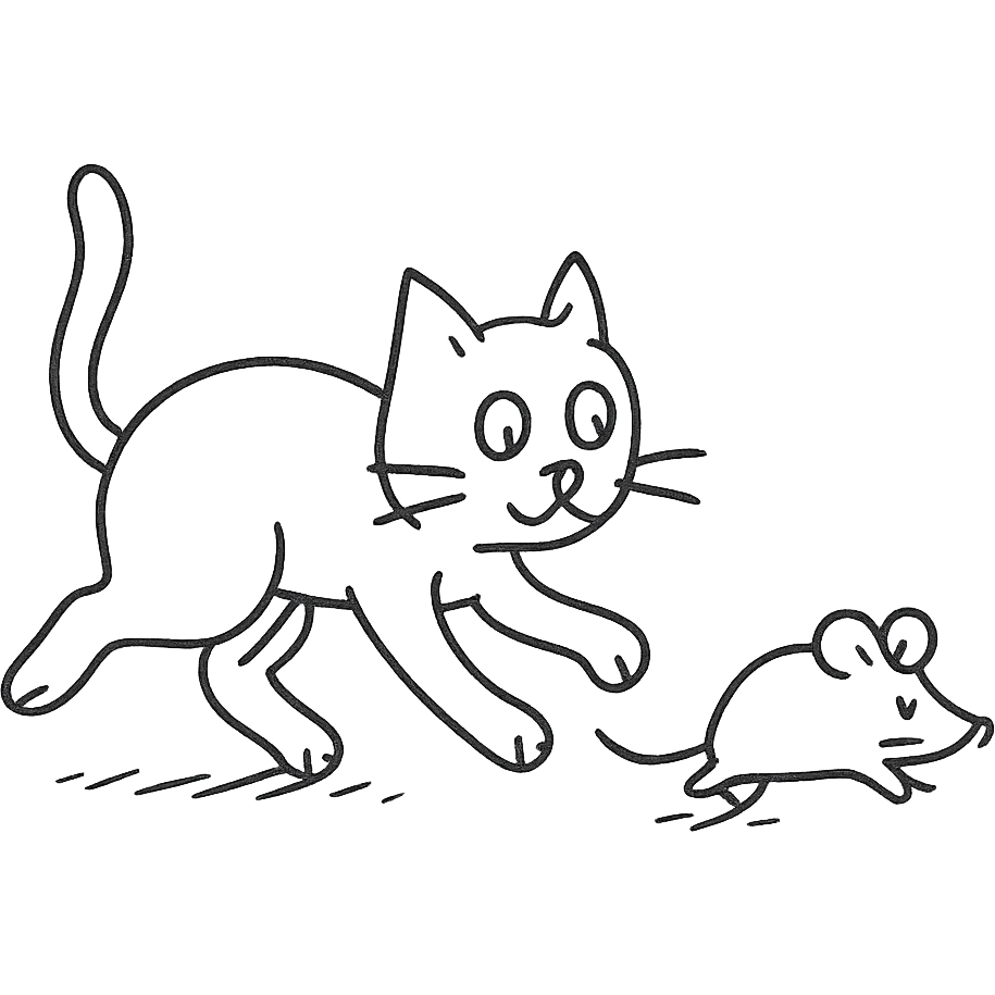 hand drawn outlined cat chasing a mouse icon emoji