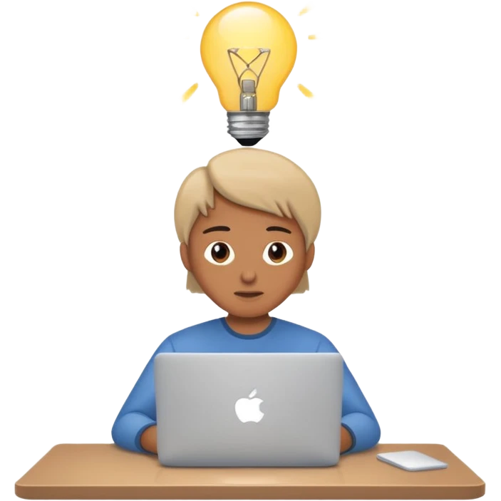 Like a cartoon working with a computer (macbook, showing the apple logo) thinking and a light bulb above his head while he thinks emoji