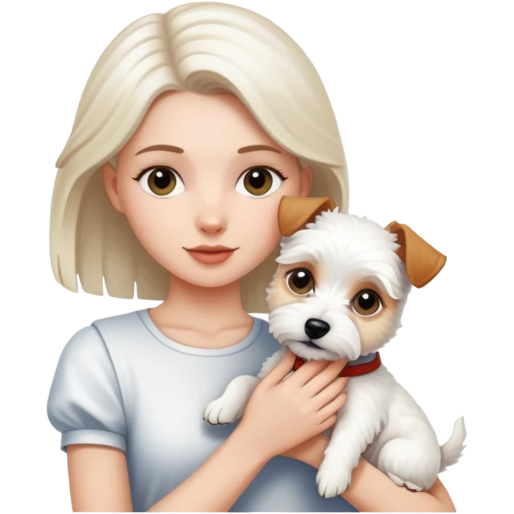 A white girl holding a white terrier emoji