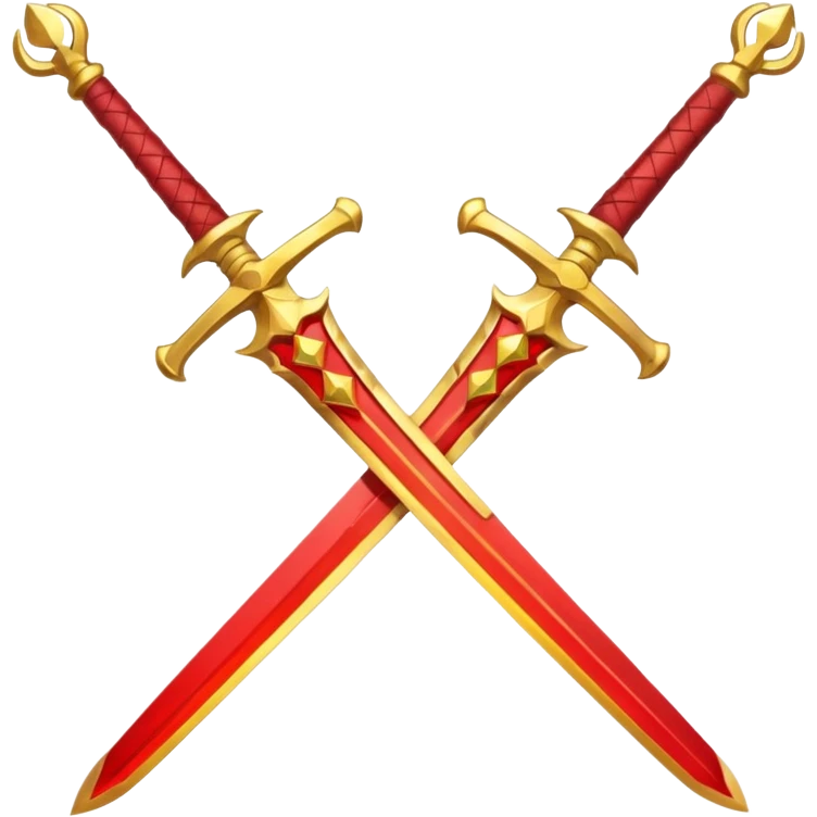 Two crossed swords that are golden in blade and handle and have fiery and royal appearence to them as well as red gem stones yellow in color emoji