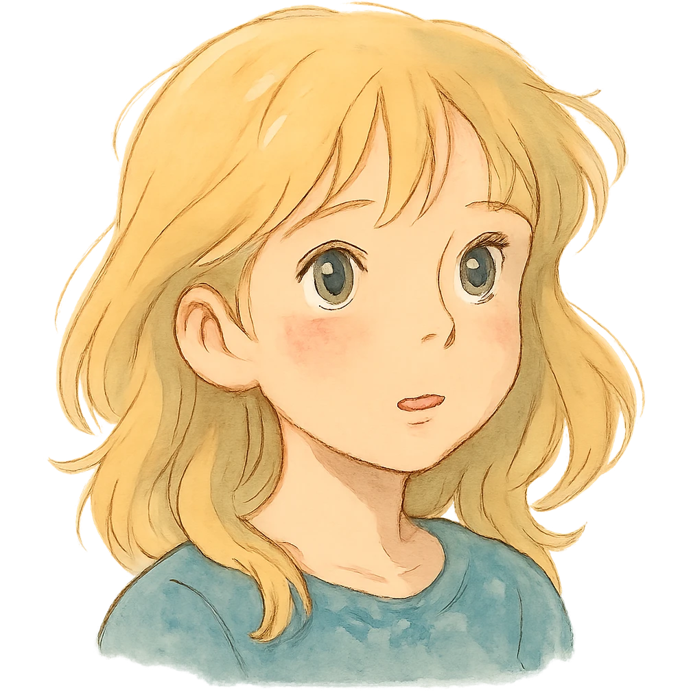 ghibli style blonde girl's head, detailed, expressive, soft colors emoji