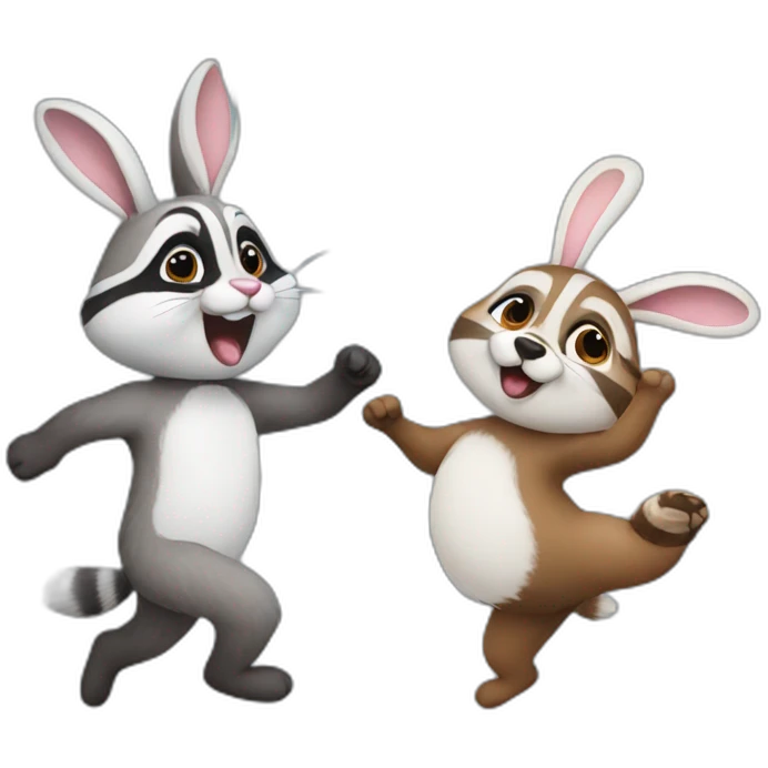 bunny and raccoon dancing together emoji