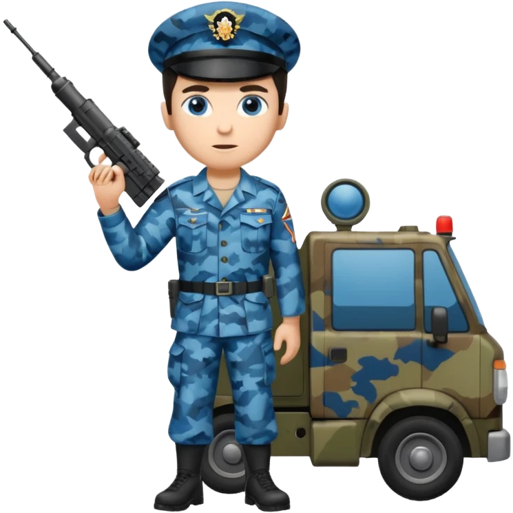 Full body of a dark haired blue eyed army man with radar truck weapon and wearing camo uniform  emoji
