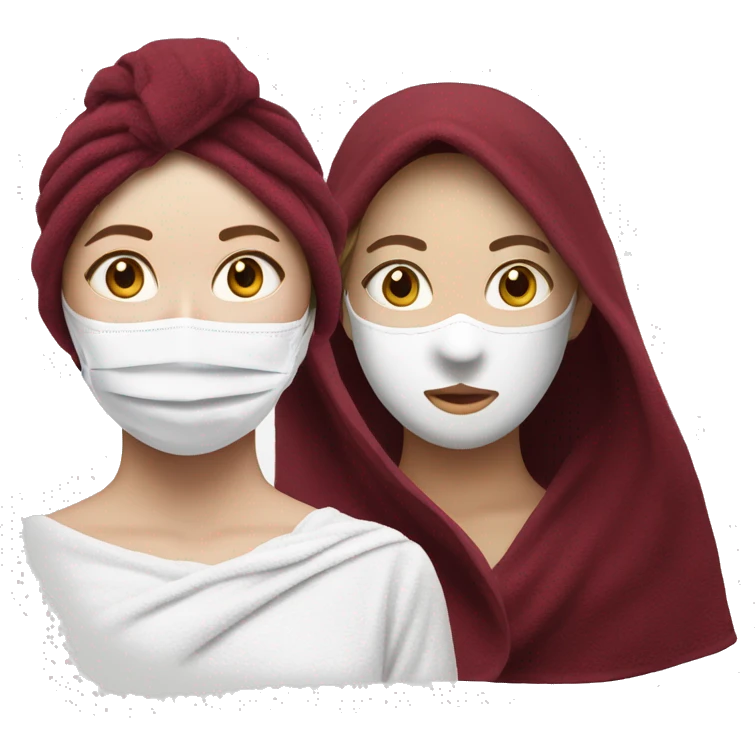 realistic white-skinned girl with a burgundy towel on her head and a white mask on her face emoji