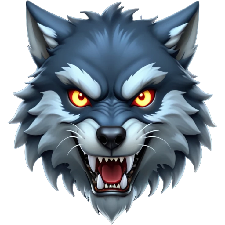cinematic-noble-fierce-werewolf-head-close-up-emoji, poised-and-imposing, with a fierce wolfish face featuring glowing eyes full of primal ferocity, sharp, elongated fangs and a rugged snout, fur rippling in shades of midnight black and silver, muscles tensed and hunched over in an intense, threatening stance; rendered with realism, capturing the raw, untamed power of the beast beneath the moonlit sky emoji