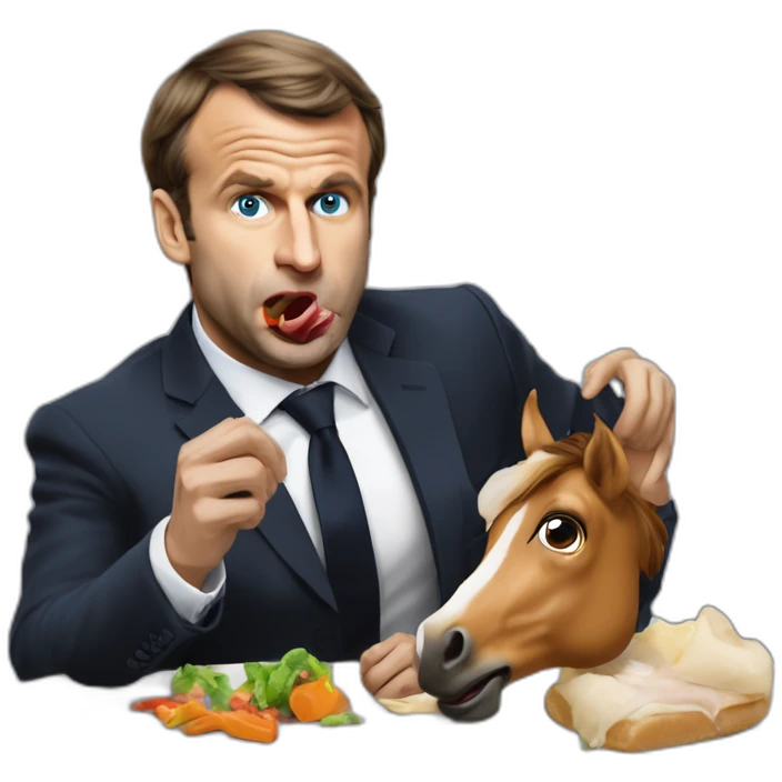 Emanuel Macron qui mange la poutres d'un cheval emoji