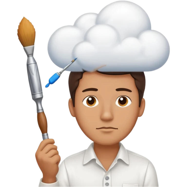 a man in a white buttoned shirt with a thinking cloud picturing a brush emoji