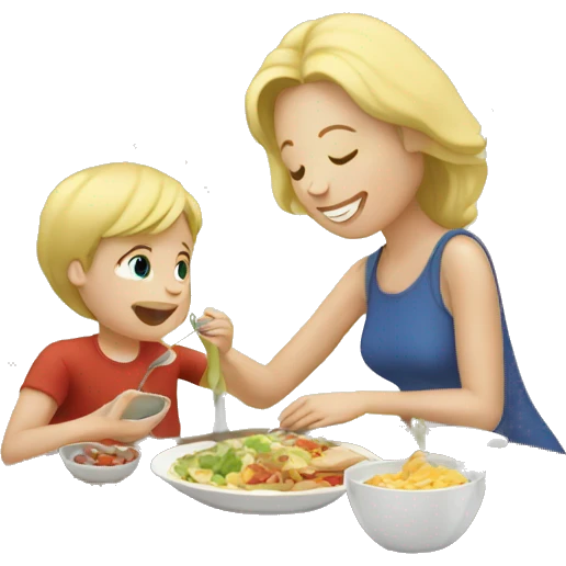 Blonde mother eating lunch with boy emoji