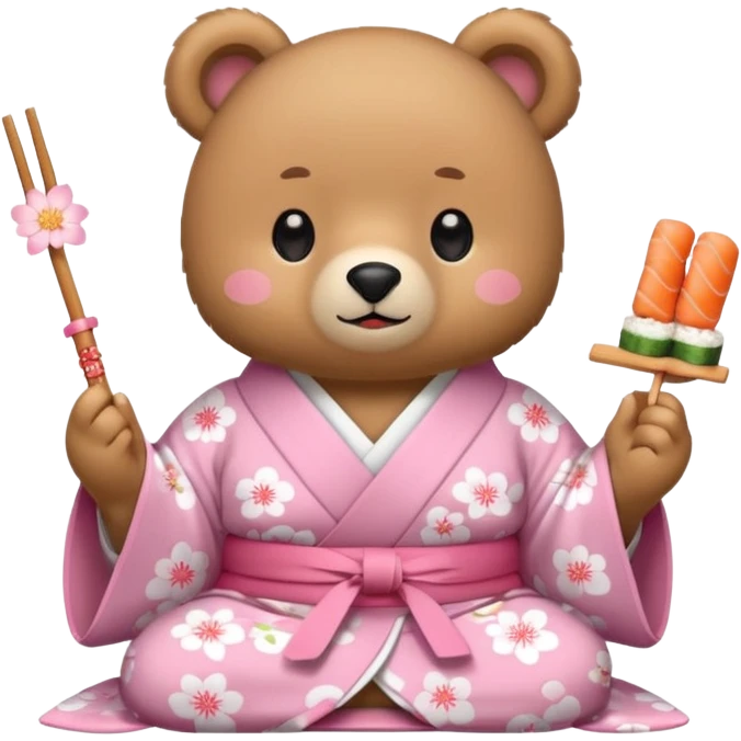 A cute light-brown bear wearing a pastel pink sakura-patterned kimono, normal balanced body ratio. 
Happily eating sushi with chopsticks, excited sparkling eyes. 
Kawaii emoji style, minimalistic clean sticker illustration, white background.
 emoji