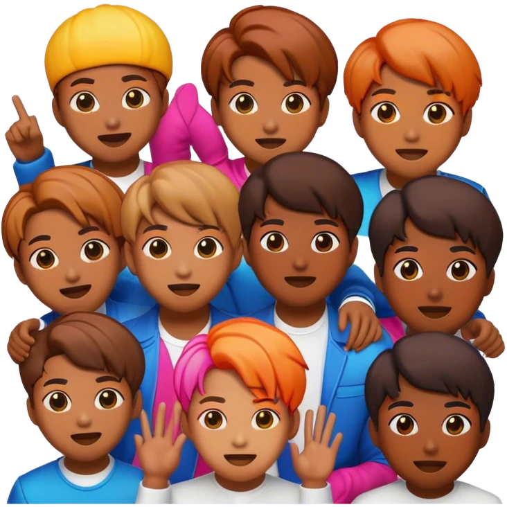 Cinematic Realistic BTS Pop Culture Emoji, featuring a dynamic, energetic portrayal of the acclaimed K-pop group rendered with vibrant textures and energetic, colorful lighting. emoji