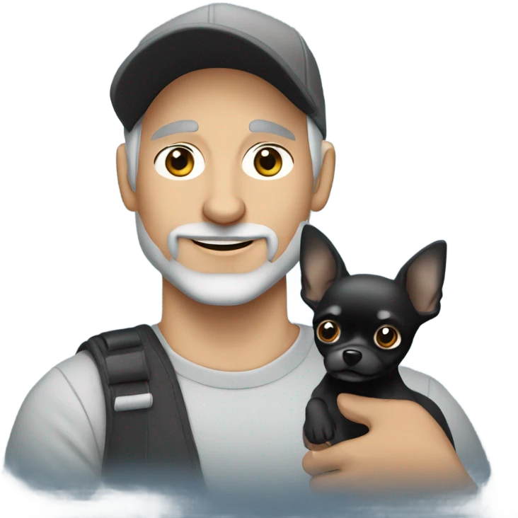 blue eyed man, with grey hair and grey goatee, wearing ball cap, holding long hair black chihuahua emoji