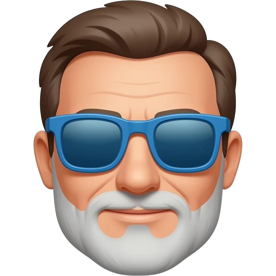 Hombre 60 años pelo marrón con canas gafas de sol azules que no se vean  los ojos y barba blanca muy corta emoji