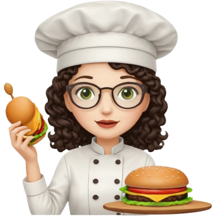 A female chef with glasses, dark brown long curly hair, White skin,Green eyes and cooking a burger emoji