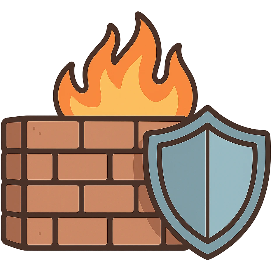 network firewall with shield and flames emoji