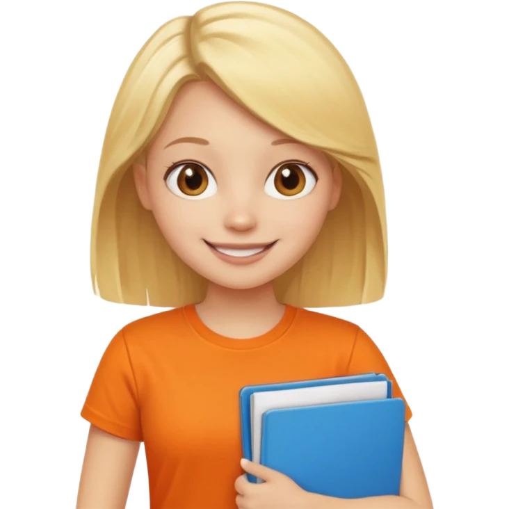 blonde girl in an orange t-shirt holding folders emoji