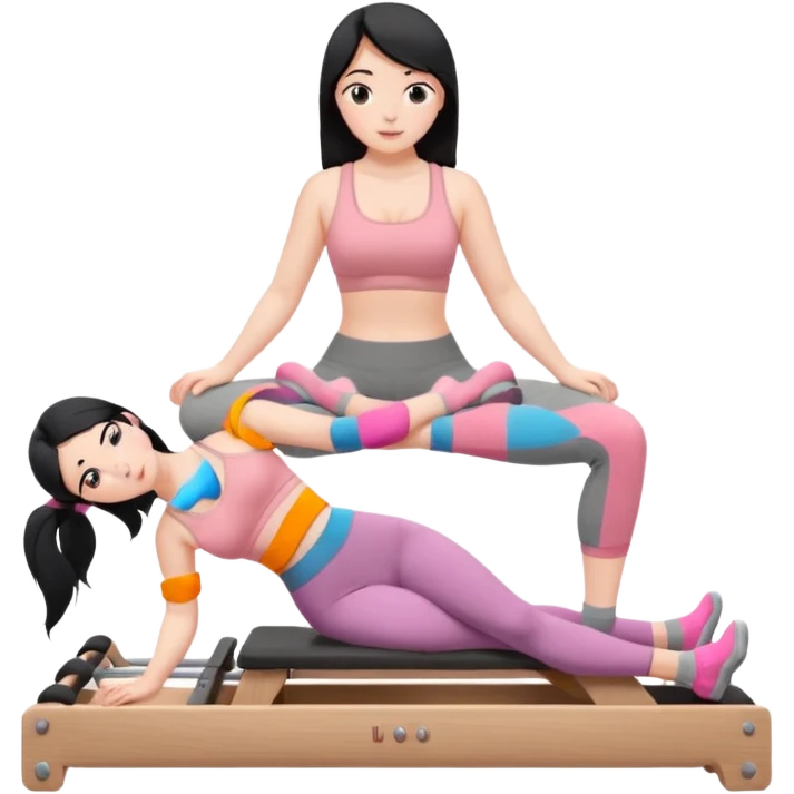 Create a Pilates emoji: a girl with fair skin and black hair, wearing a grey bra and grey leggings with pink pilates socks, doing sitted stomach massage on a wooden reformer and not looking at the camera. Make the colors neutrals. emoji