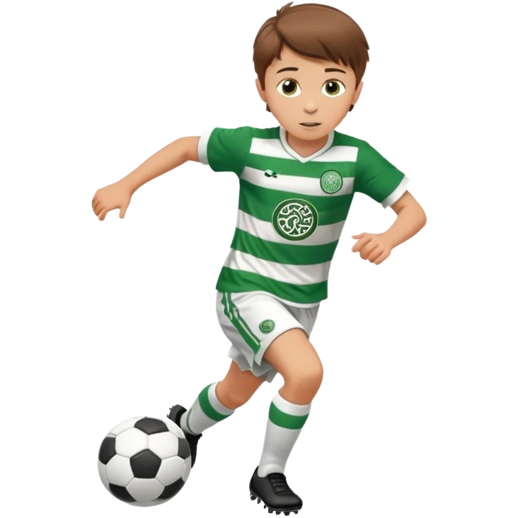 Brown hair 6 years old white boy footballer RUNNING playing soccer wearing CELTIC  UNIFORM  has white stripes  # 17 in the jersey ! Only 1 celtic Logo emoji