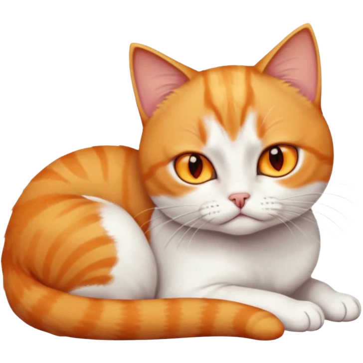 full body angry tiny short hair ginger and white cat with orange eyes lying down emoji