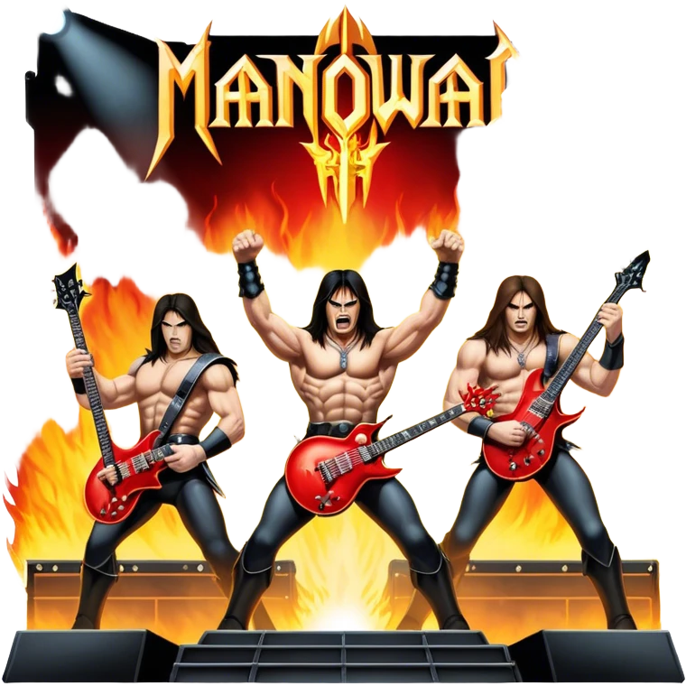 Icon for Metal Music: Manowar performing live, with powerful imagery of the band on stage, electric guitars, drums, and heavy metal energy. The background features a fiery stage and intense lights, reflecting the epic atmosphere of their concert. Transparent background. emoji