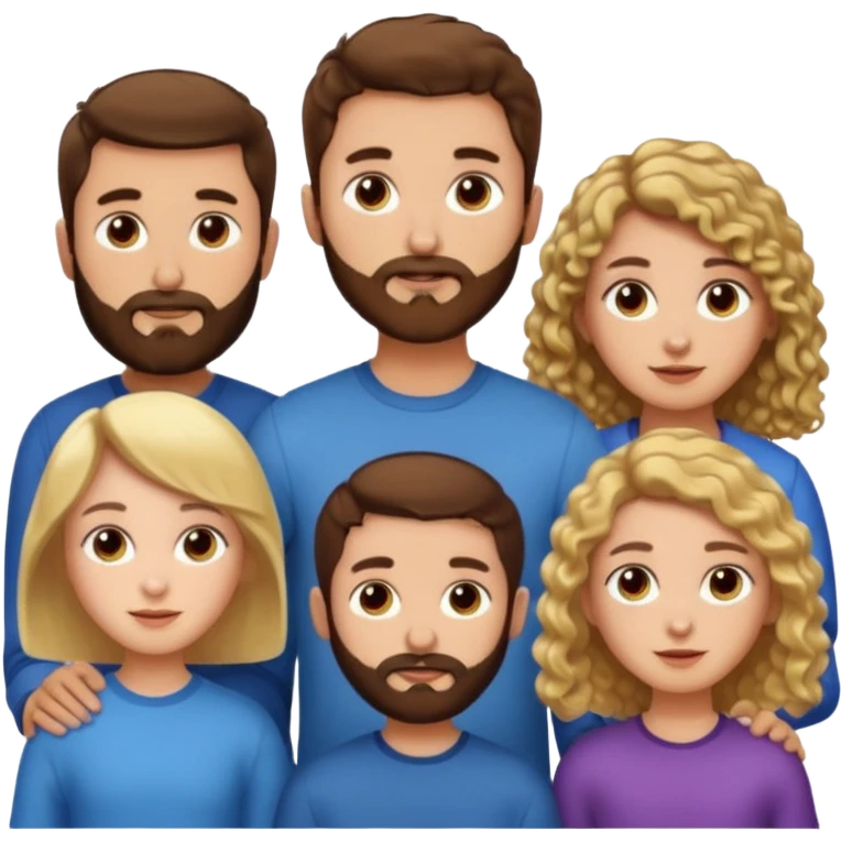 Gars cheveux bruns courts et barbe très courte, un gars avec cheveux bruns courts et barbe très courte, 1 fille cheveux bruns longs frisés, 1 fille cheveux longs blonds plats emoji