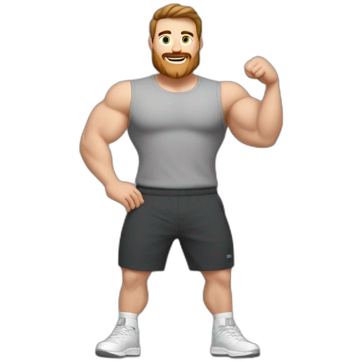 Full height Actively gesturing with hands Pale skinned Fit Man With the biceps and brown hair in dark gray Sleeveless Mike, black oversize sports shorts, watch and white Sneakers emoji
