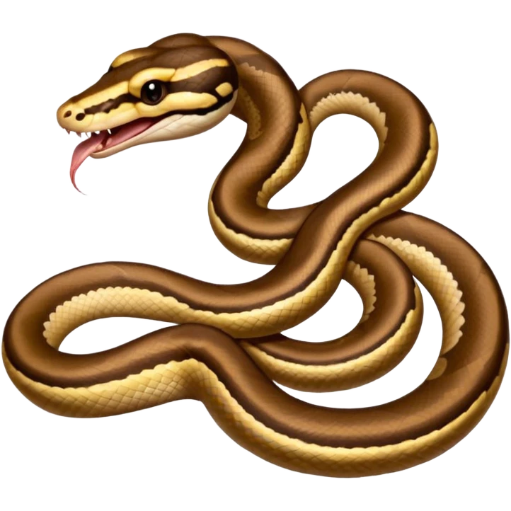 A close-up 3/4 view of the Ball Python with the front half raised slightly in an S-shape and its tongue flicking out. The head is angled curiously toward the viewer, showing both personality and motion. emoji