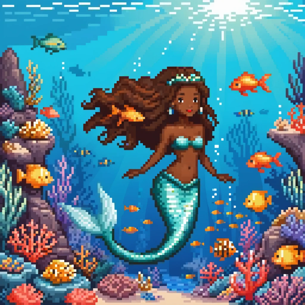 Dark brown skin beautiful mermaid princess in ocean setting with coral reef and fish emoji