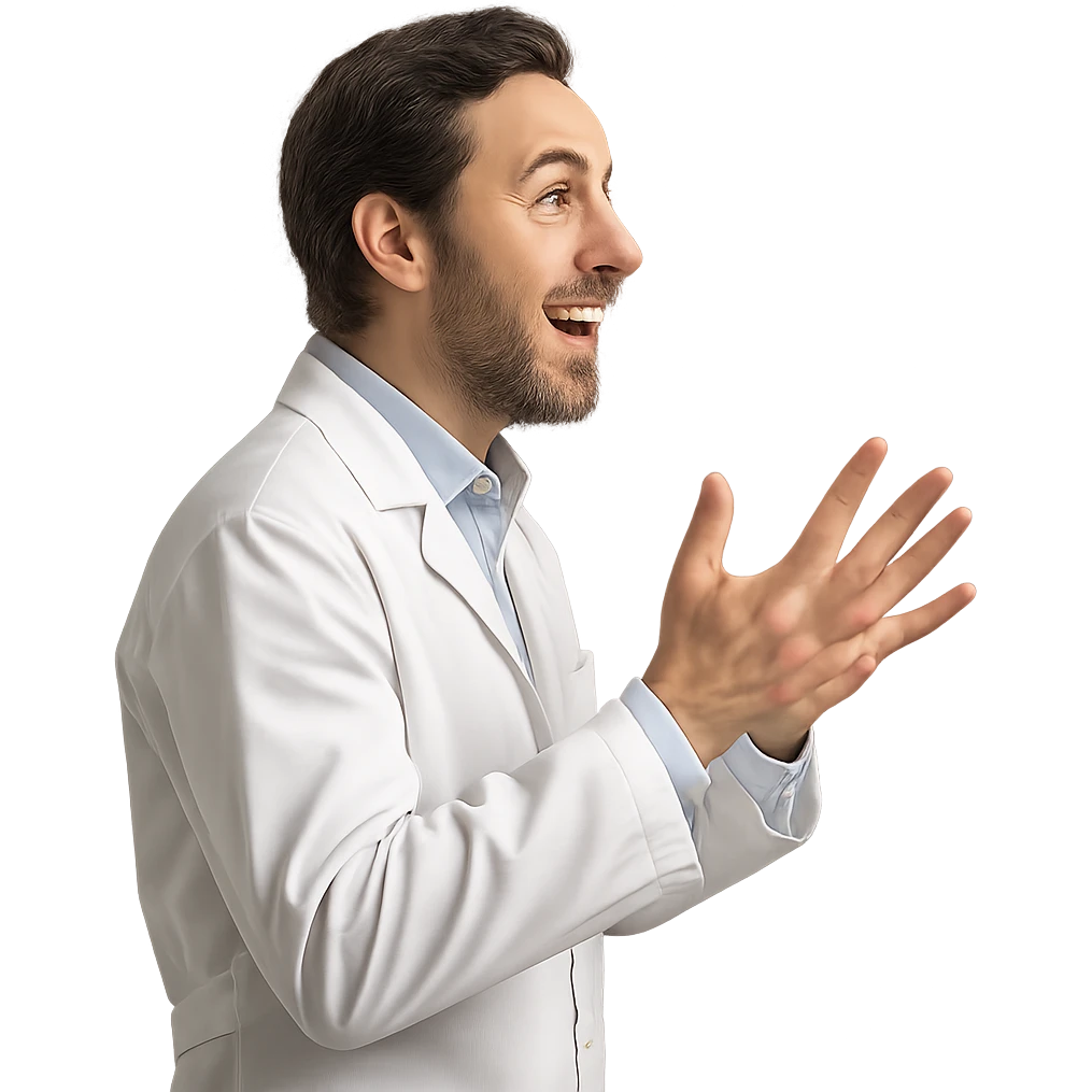 3D render of a nutritionist wearing a white lab coat, side view, passionately discussing, hands raised, bright expression, isolated white background, hyperrealistic 4K details emoji