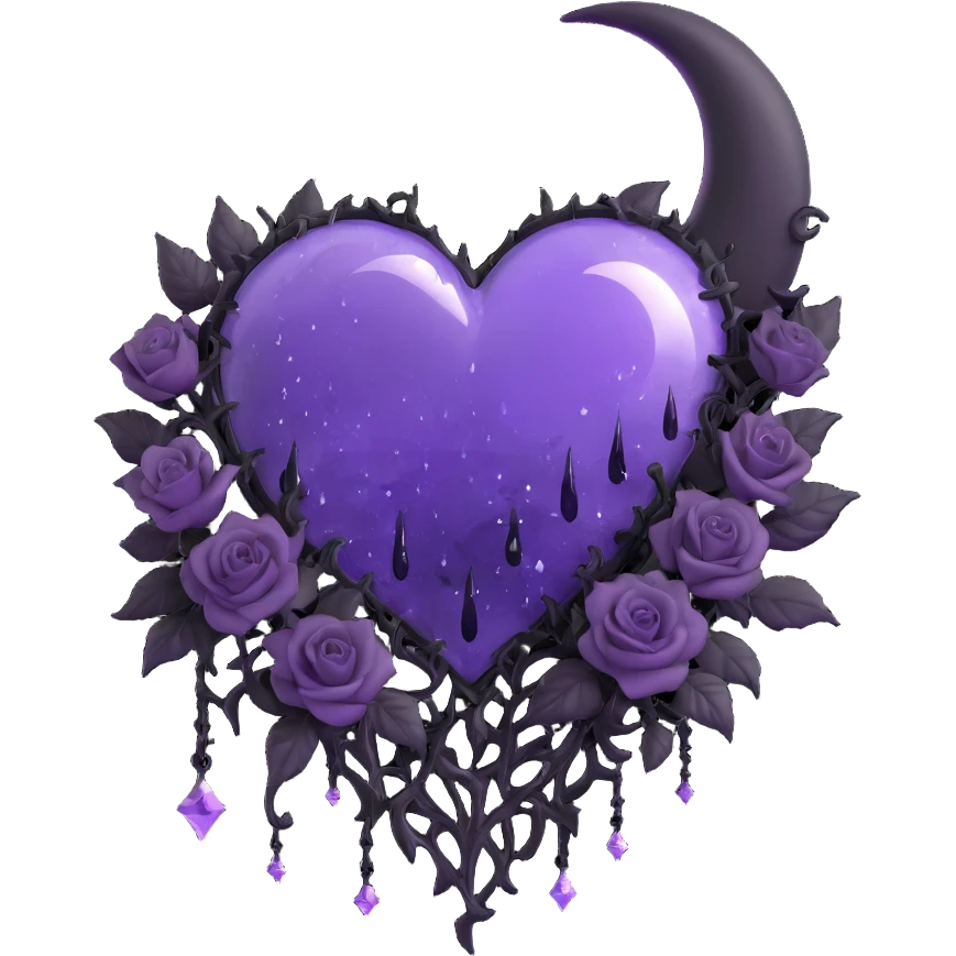 gothic heart made of purple glass with a crescent moon on the right, cluster of tiny black roses, sparkling stardust, zigzag lightning, dripping rain, shattered cracked glass texture emoji