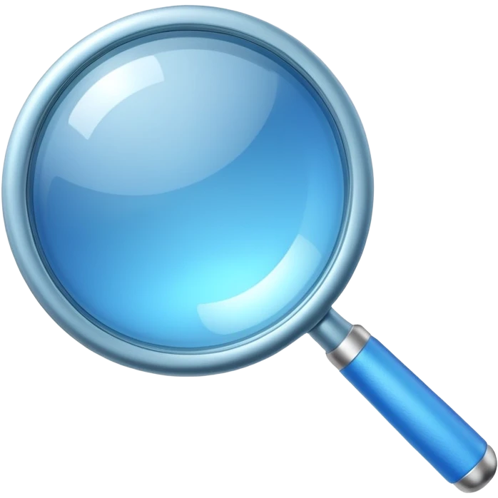 A 3D rendered magnifying glass, tilted right, frosted glass lens, glowing blue light, subtle shadows, purple background, high detail, cinematic lighting, app icon style emoji
