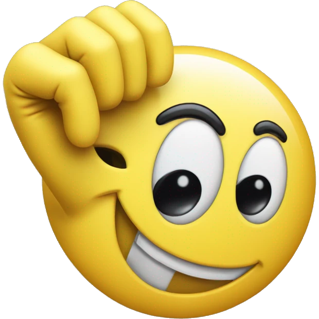 grinning yellow smiley with cartoon eyes and a white hand glove doing the 'call me' hand emoji