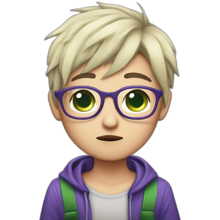 chibi, short blue and purple hair, green eyes, glasses crying emoji