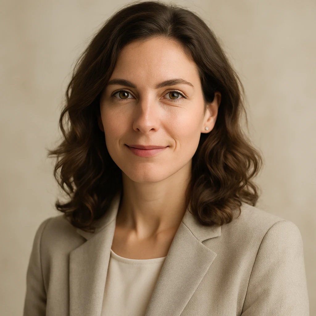 portrait of a calm, confident woman with wavy hair, gentle smile, approachable professional look, soft background emoji