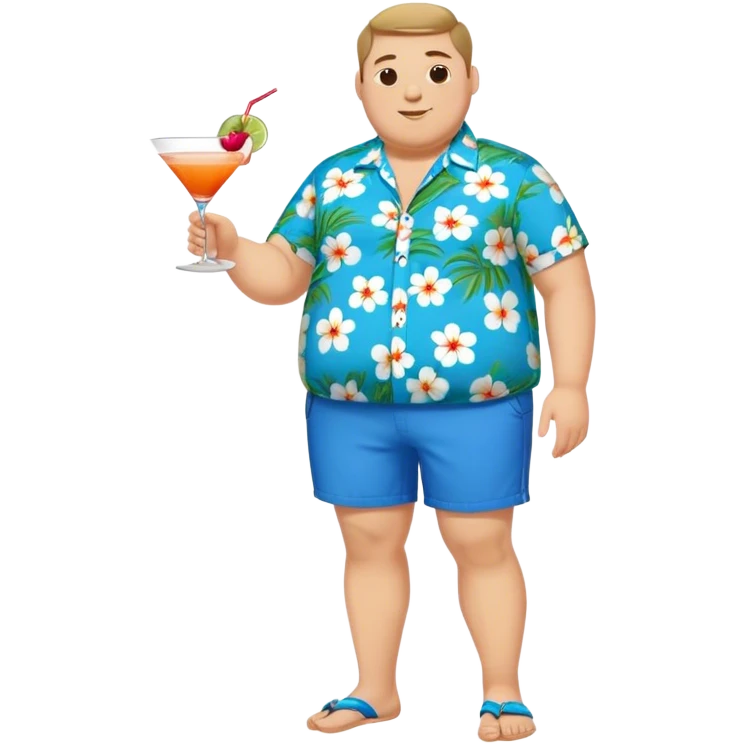 chubby guy full figure in a flowered azure havai shirt, brown shorts and flippers holding a cocktail emoji