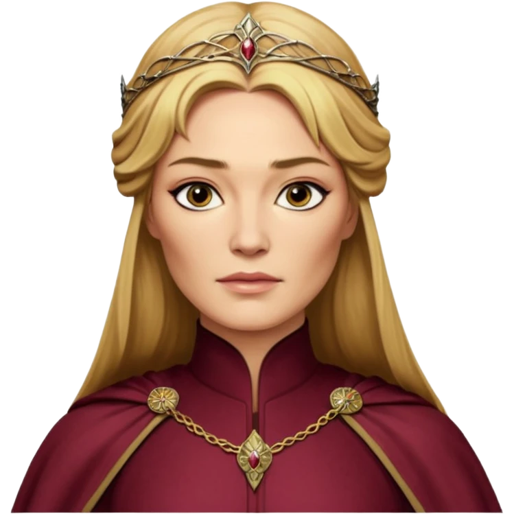 Cinematic Realistic Cersei Lannister Portrait, depicted with lifelike skin texture, subtle rosy undertones, and soft natural lighting that enhances the gentle contours of her face. Her intricately detailed golden blonde hair is elegantly styled , emoji