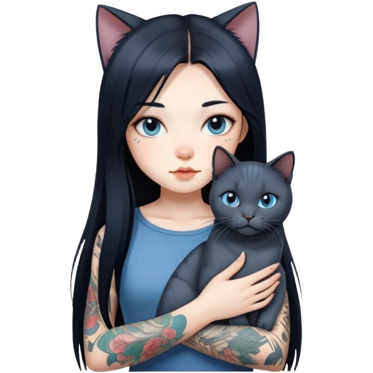 a Chinese girl with long black  straight hair and tattoos and british blue cat emoji